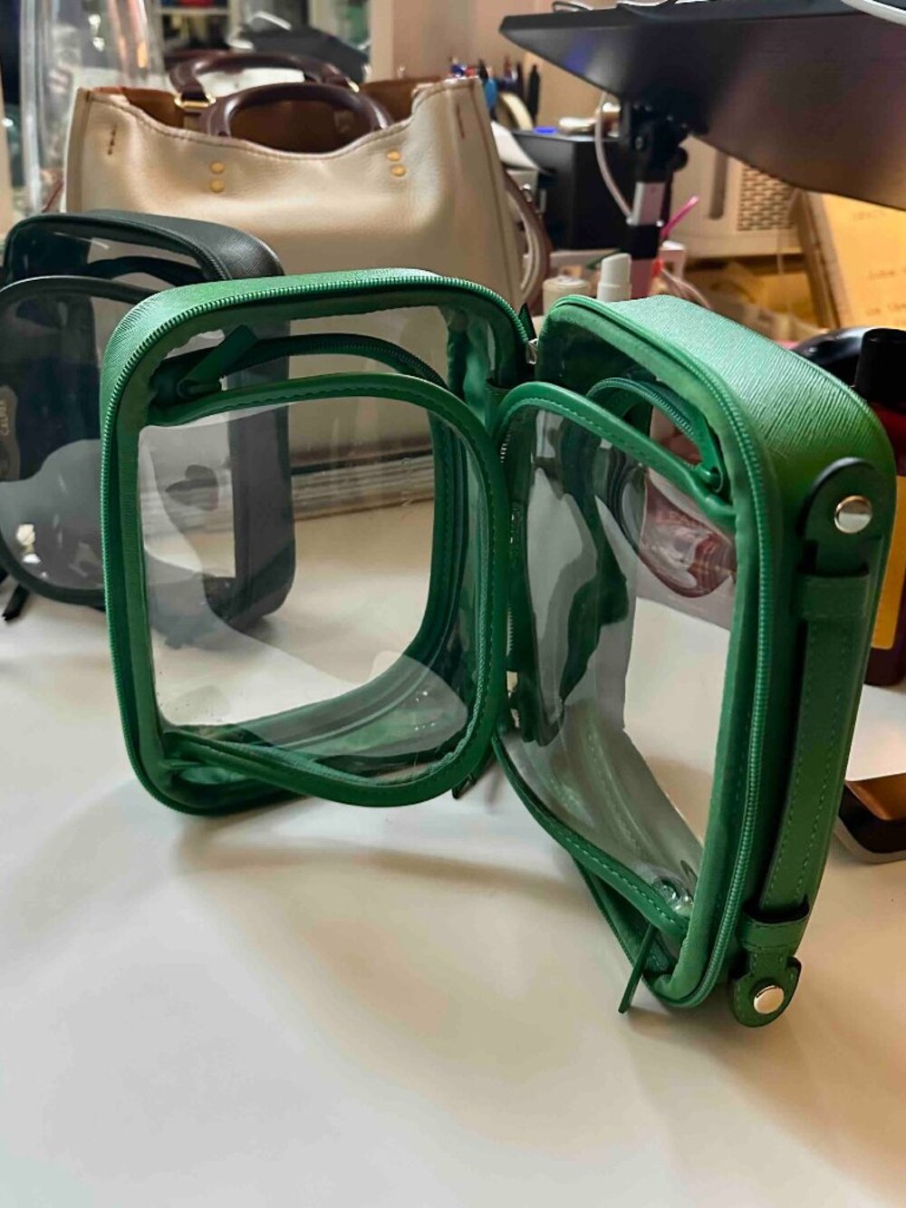 Small CALPAK Clear Cosmetic Travel case GREEN APPLE color Like New Unisex